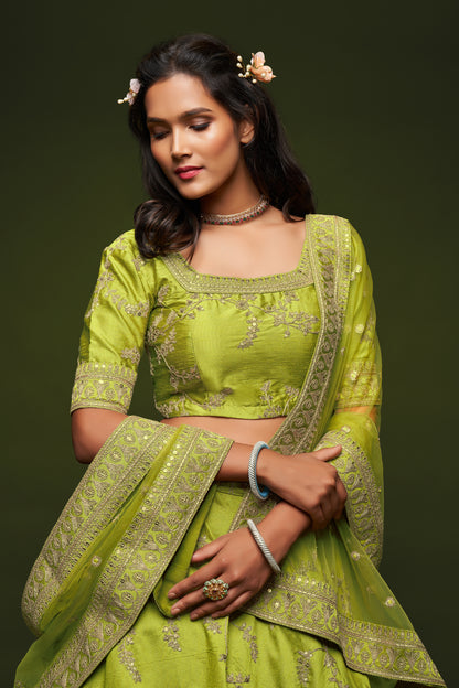 Lime Green Embroidered Lehenga Choli Set with Net Dupatta