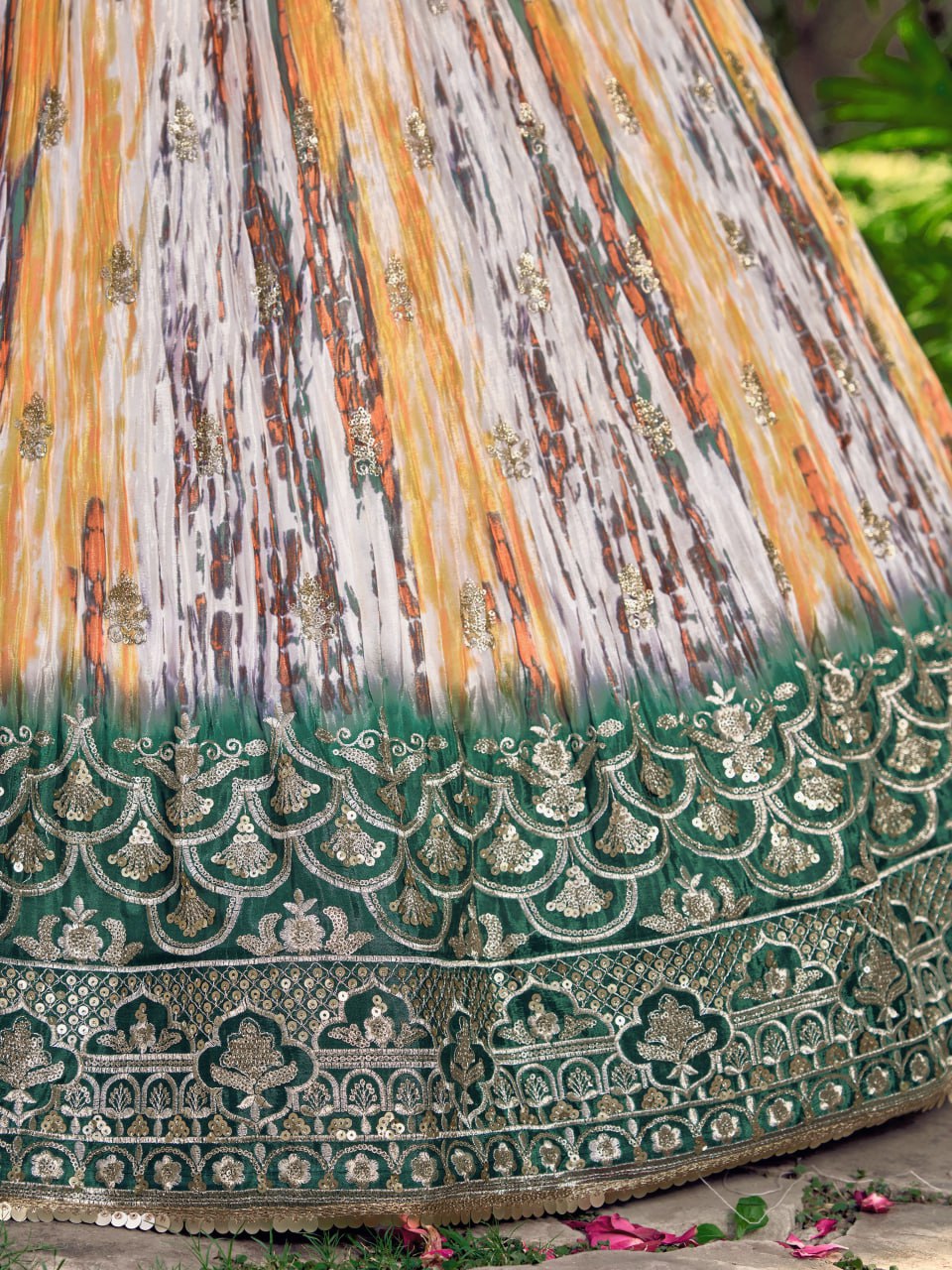 Designer Multicolor Lehenga with Bottle Green Embroidered Dupatta