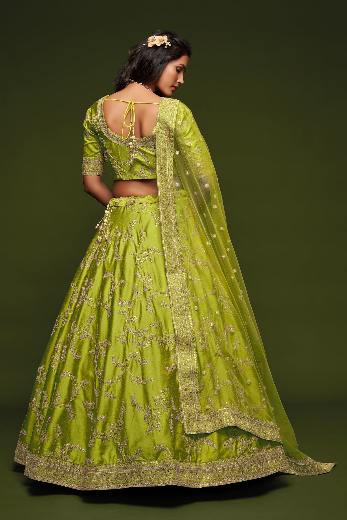 Lime Green Embroidered Lehenga Choli Set with Net Dupatta