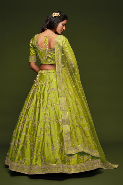 Lime Green Embroidered Lehenga Choli Set with Net Dupatta