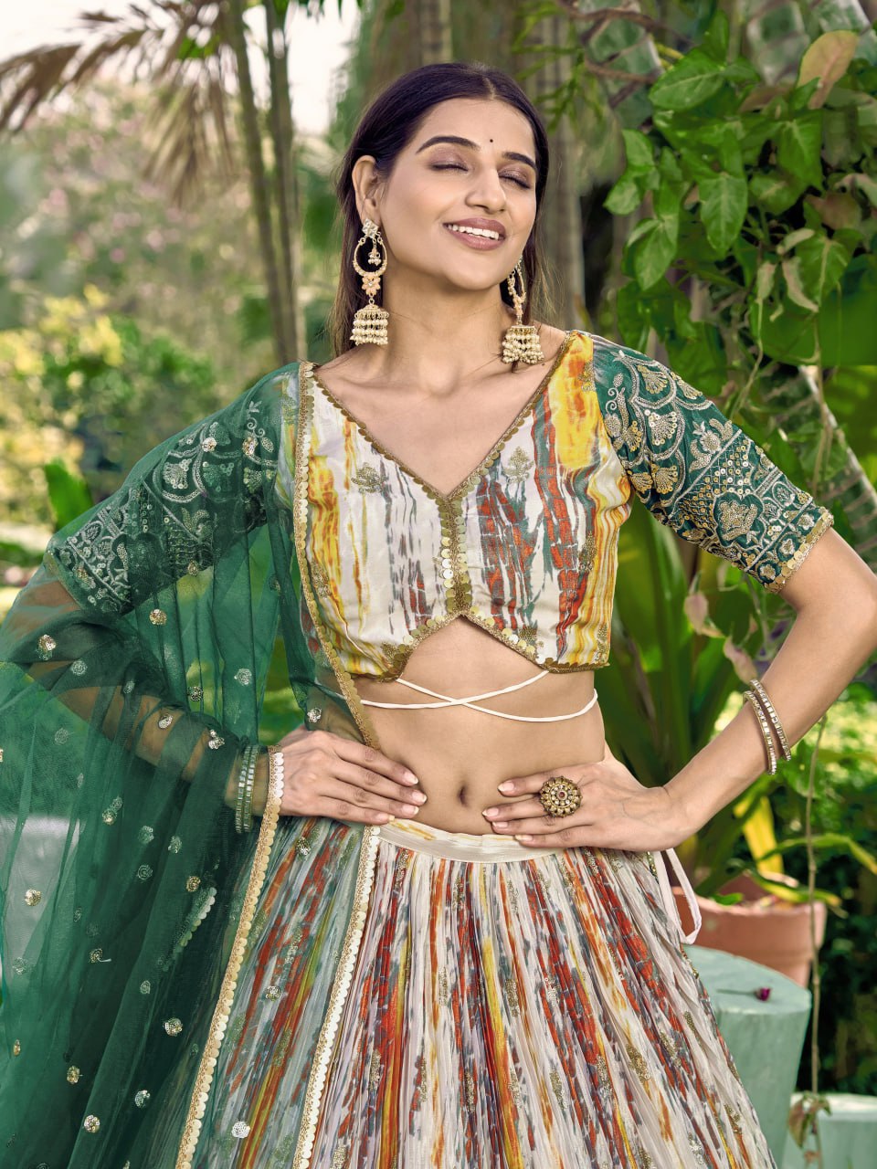 Designer Multicolor Lehenga with Bottle Green Embroidered Dupatta