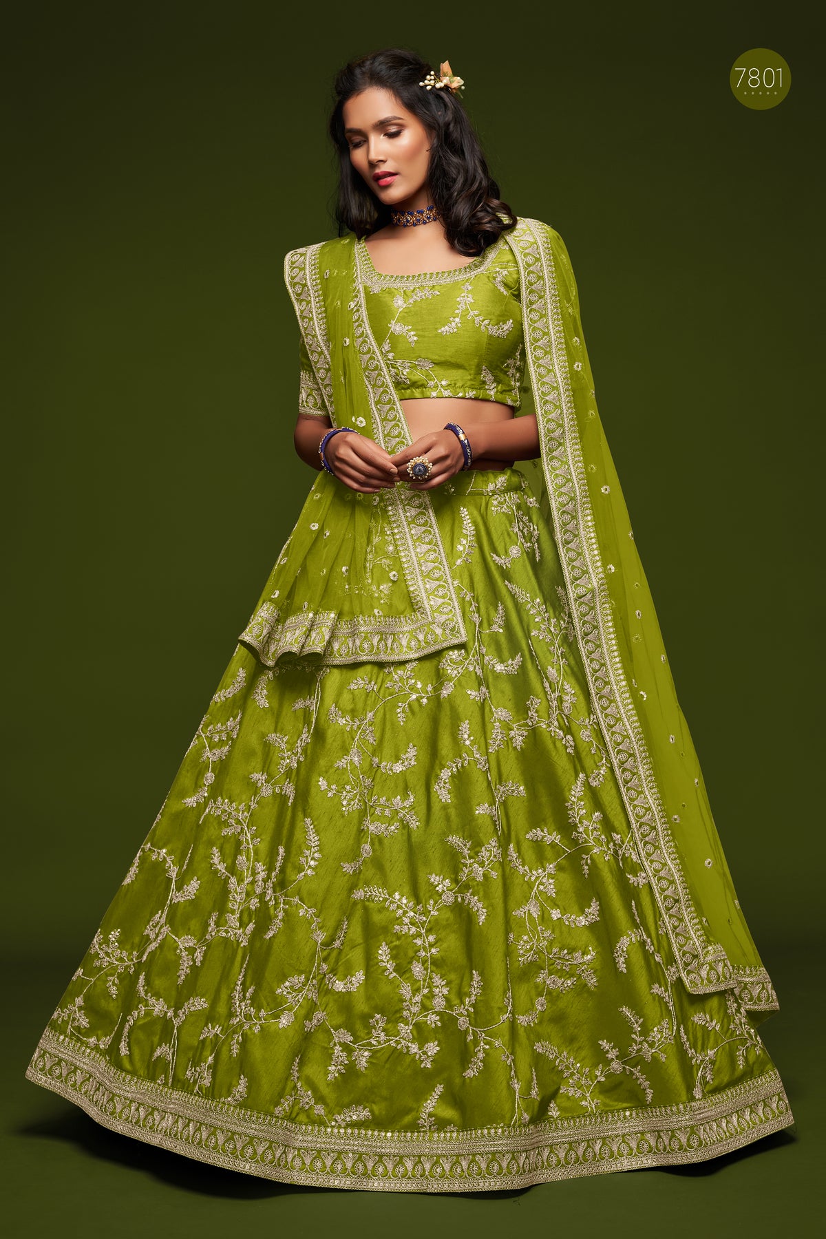 Lime Green Embroidered Lehenga Choli Set with Net Dupatta