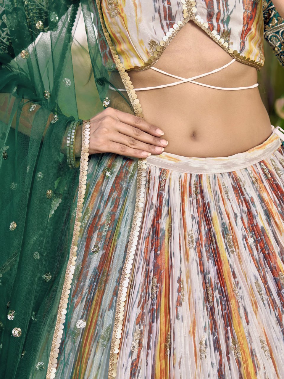 Designer Multicolor Lehenga with Bottle Green Embroidered Dupatta