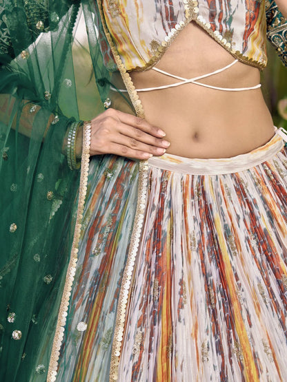Designer Multicolor Lehenga with Bottle Green Embroidered Dupatta