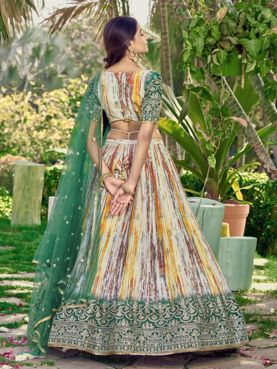 Designer Multicolor Lehenga with Bottle Green Embroidered Dupatta