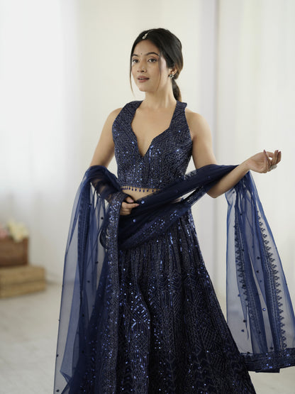 Navy Blue Sequin Lehenga Set for wedding