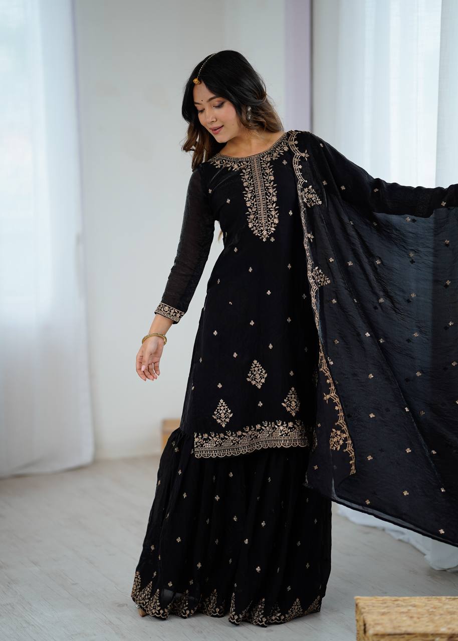 Party Wear Indian Black Embroidered Sharara Suit with Dupatta