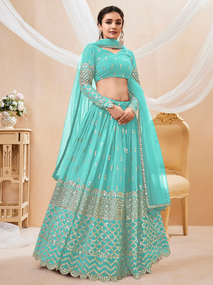 Aqua Blue Sequins Zari Embroidered Work Lehenga Choli Set for wedding and reception
