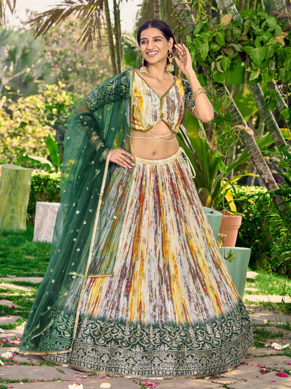 Designer Multicolor Lehenga with Bottle Green Embroidered Dupatta