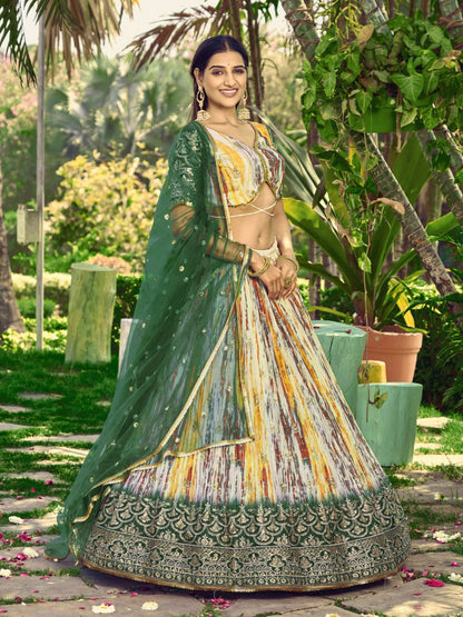 Designer Multicolor Lehenga with Bottle Green Embroidered Dupatta