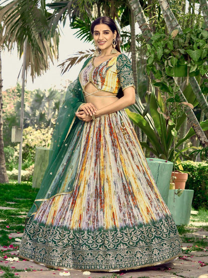 Designer Multicolor Lehenga with Bottle Green Embroidered Dupatta