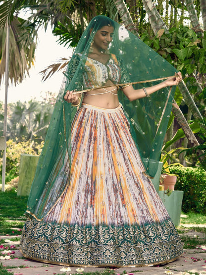 Designer Multicolor Lehenga with Bottle Green Embroidered Dupatta