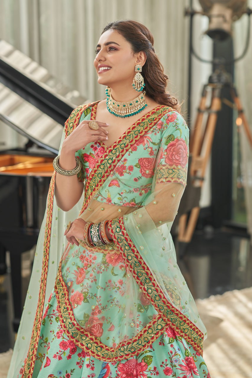 Mint Green Floral Print Lehenga Choli with Net Dupatta