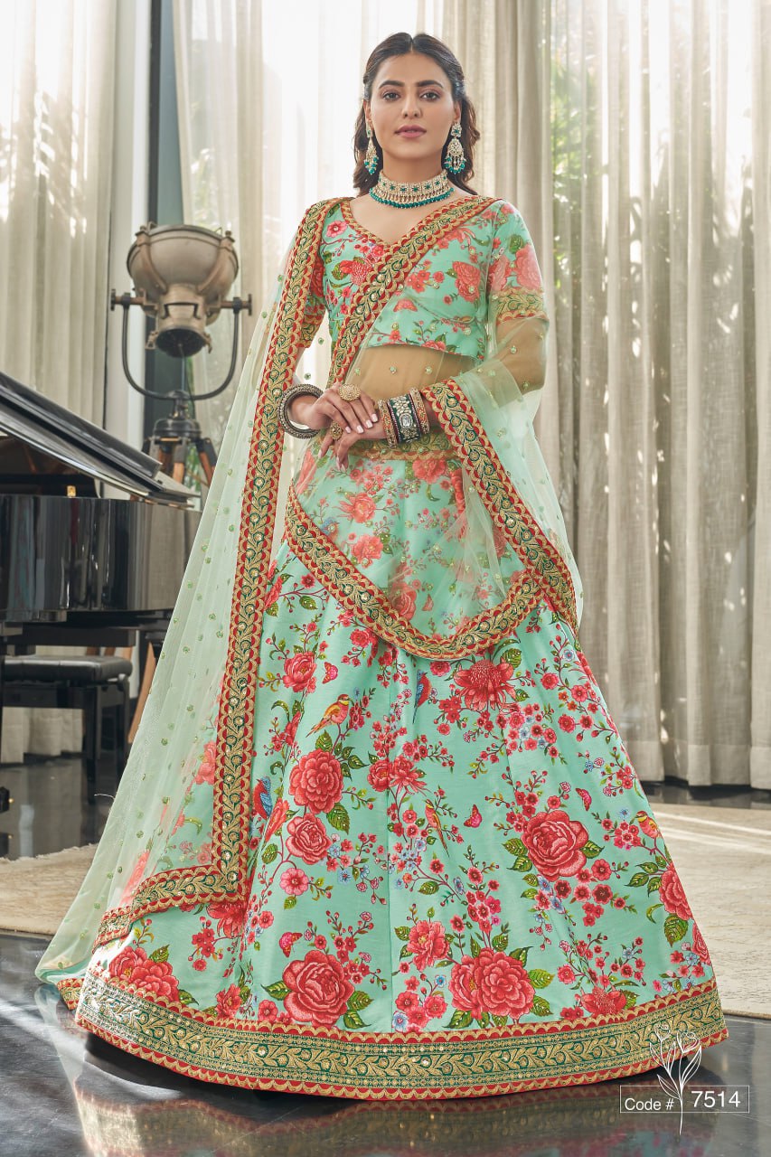 Mint Green Floral Print Lehenga Choli with Net Dupatta