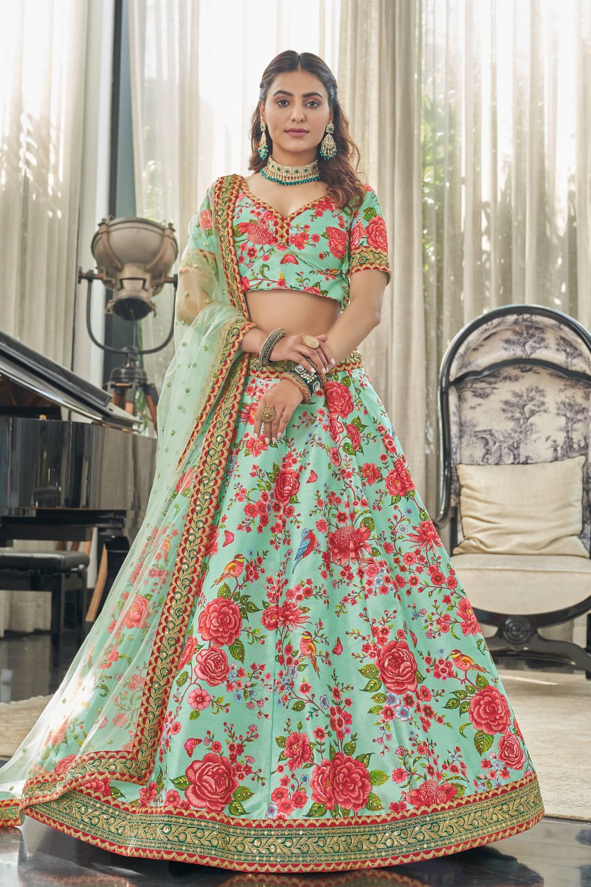 Mint Green Floral Print Lehenga Choli with Net Dupatta