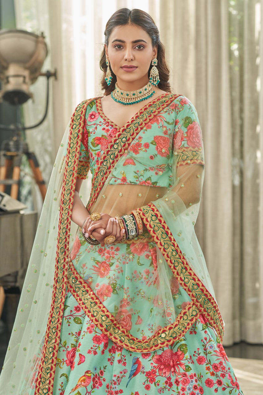 Mint Green Floral Print Lehenga Choli with Net Dupatta