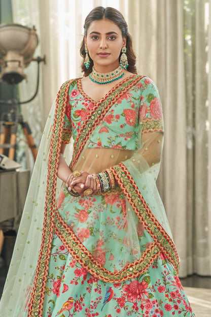 Mint Green Floral Print Lehenga Choli with Net Dupatta