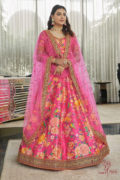 Hot Pink Floral Print Lehenga Choli with net Dupatta