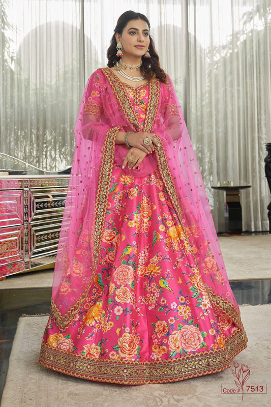 Hot Pink Floral Print Lehenga Choli with net Dupatta