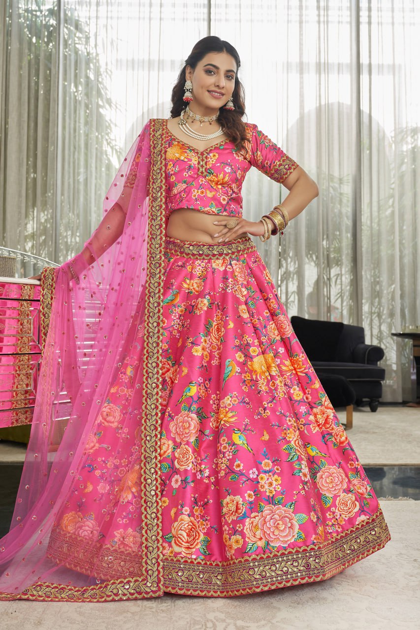 Hot Pink Floral Print Lehenga Choli with net Dupatta