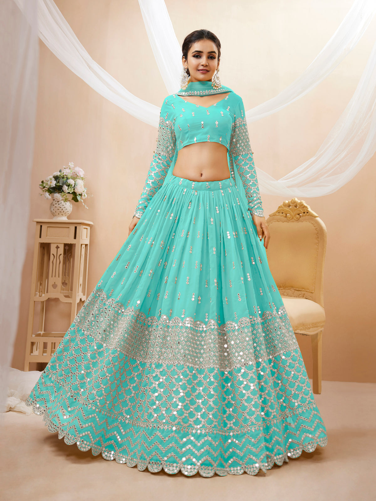 Aqua Blue Sequins Zari Embroidered Work Lehenga Choli Set for wedding and reception