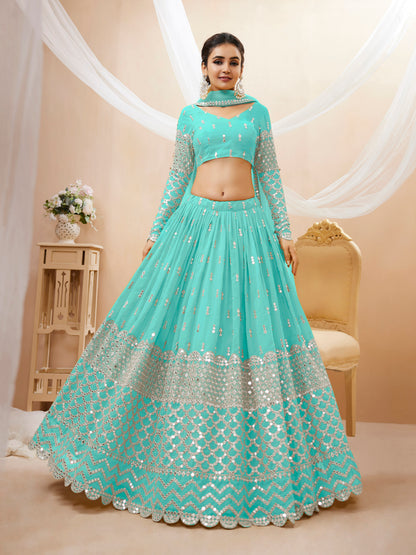 Aqua Blue Sequins Zari Embroidered Work Lehenga Choli Set for wedding and reception