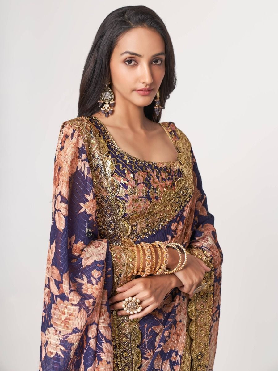 Navy Blue Floral Designer Saree with Golden Embroidery