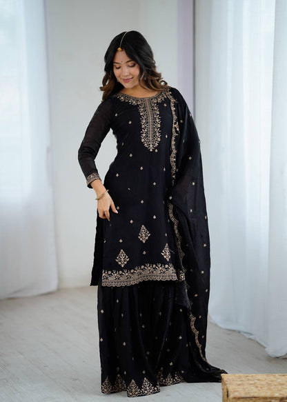 Party Wear Indian Black Embroidered Sharara Suit with Dupatta