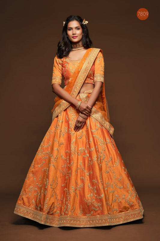 Sunset Orange Zari Embroidered Lehenga Choli with Dupatta