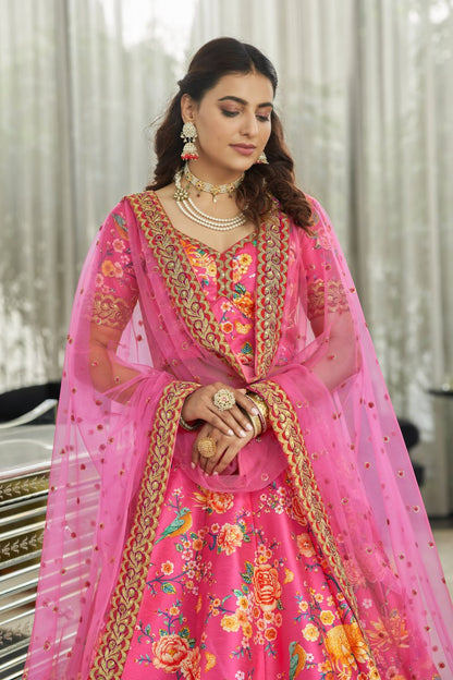 Hot Pink Floral Print Lehenga Choli with net Dupatta