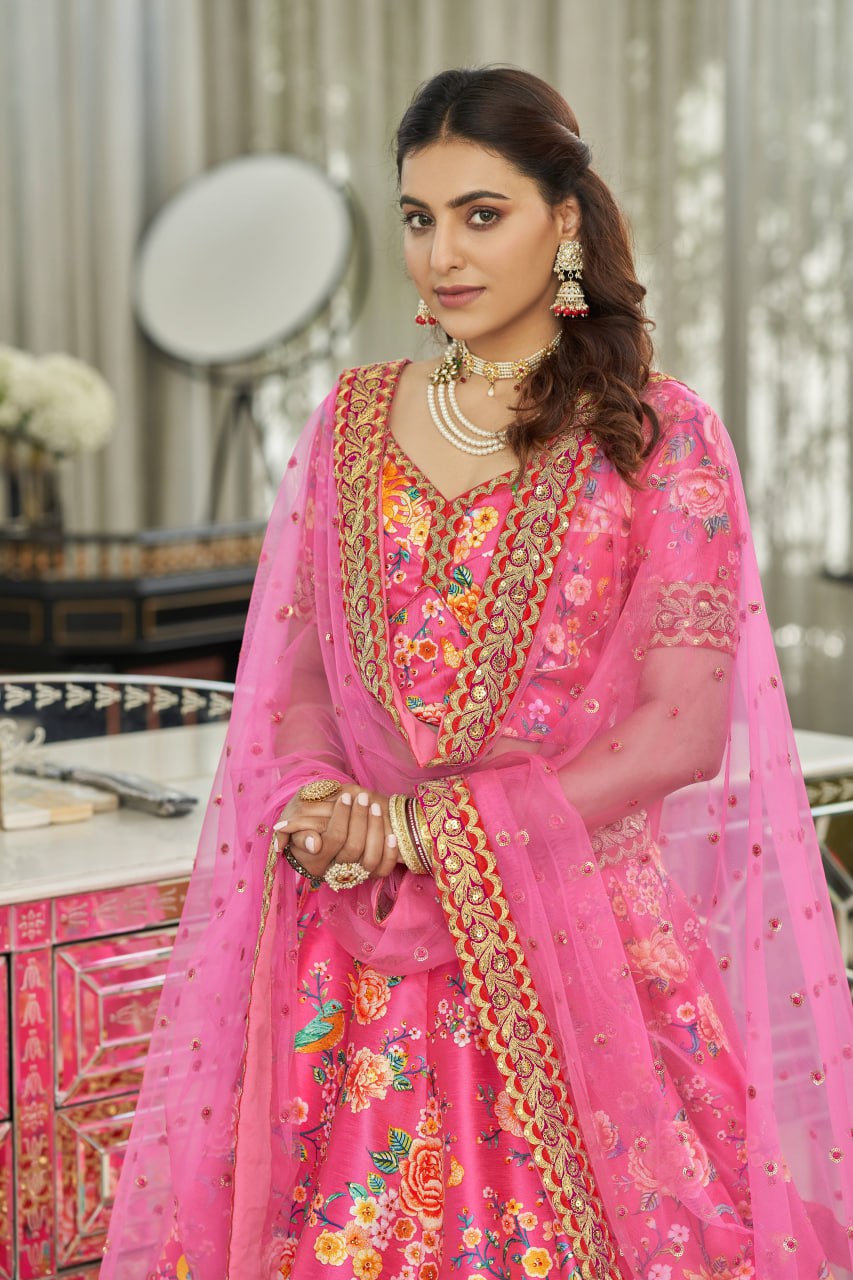 Hot Pink Floral Print Lehenga Choli with net Dupatta