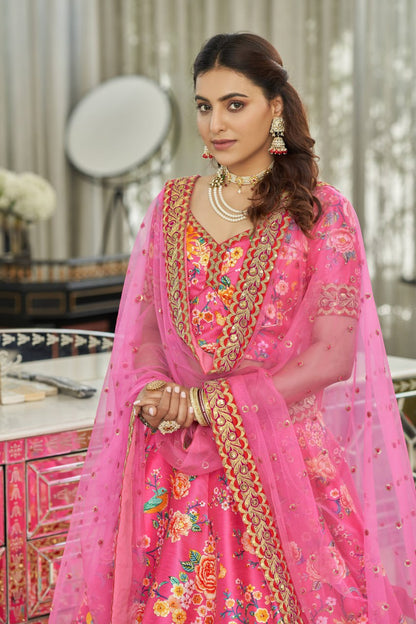 Hot Pink Floral Print Lehenga Choli with net Dupatta