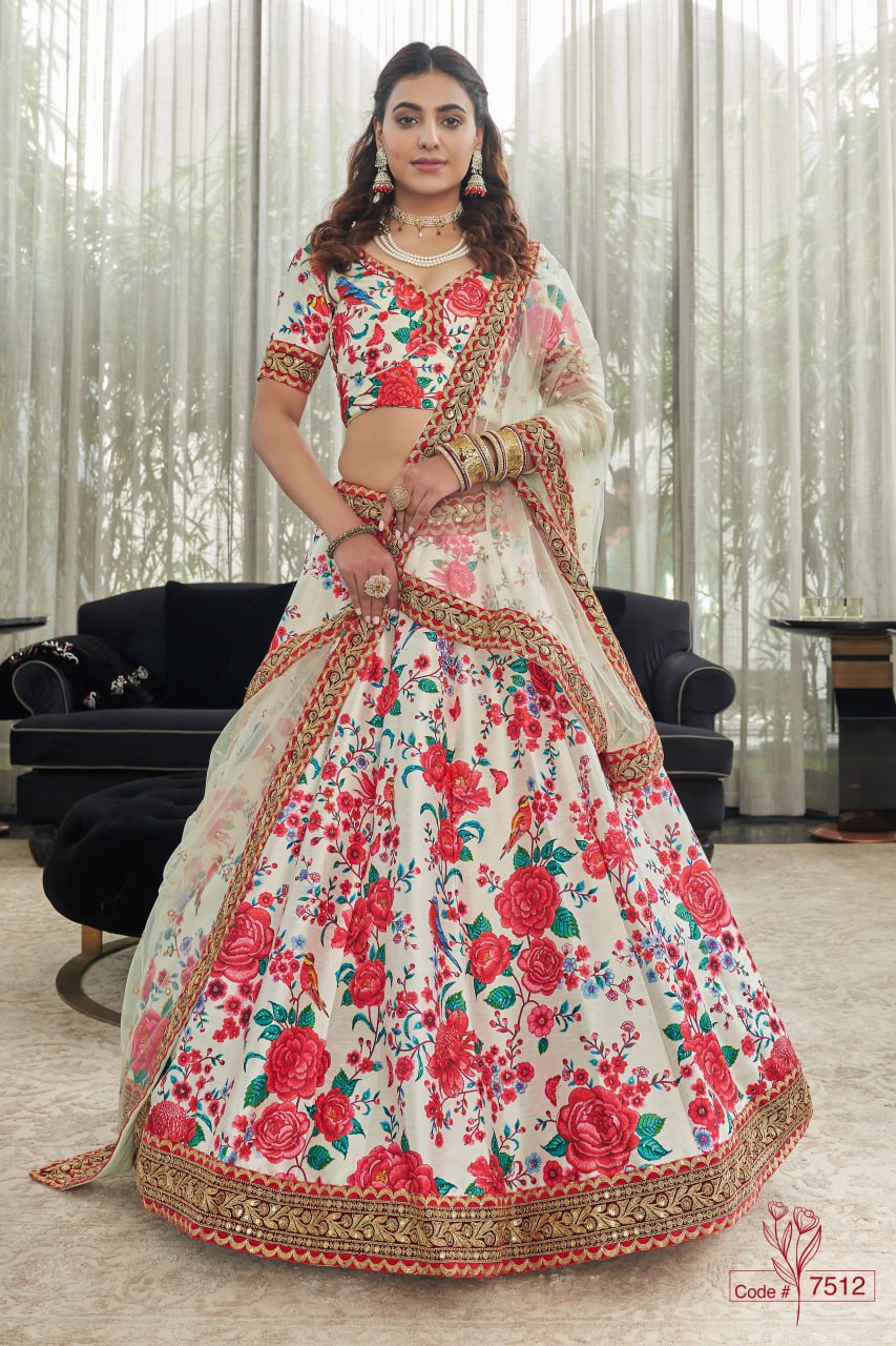 Ivory White Floral Printed Lehenga Choli with Net Dupatta