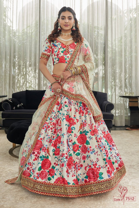 Ivory White Floral Printed Lehenga Choli with Net Dupatta