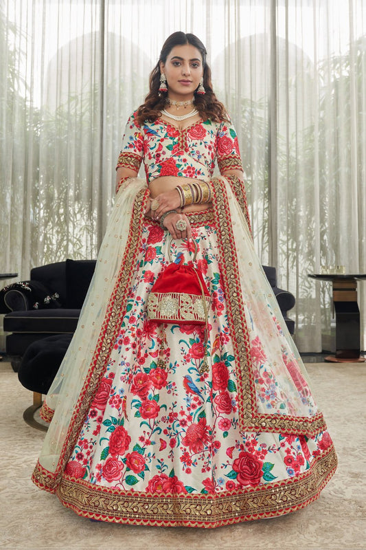 Ivory White Floral Printed Lehenga Choli with Net Dupatta