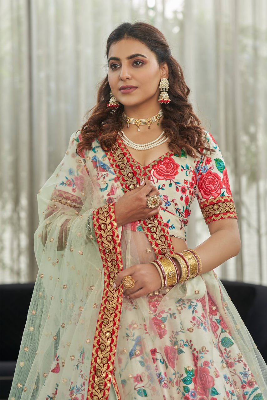 Ivory White Floral Printed Lehenga Choli with Net Dupatta