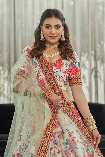 Ivory White Floral Printed Lehenga Choli with Net Dupatta