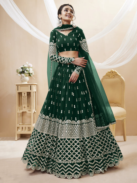 Dark Green Sequins Zari Embroidered Work Lehenga Choli Set for wedding and reception