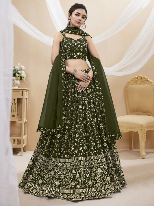 Olive Green  Zari Embroidered Lehenga Choli Set in Georgette for Wedding