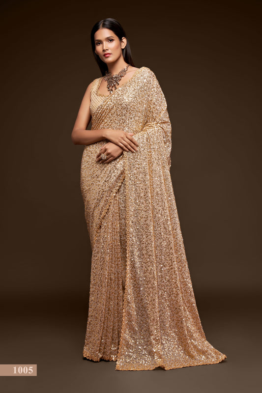 manvansh Champagne gold sequin saree