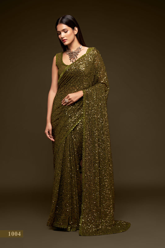 manvansh Olive Green Sequin Saree for Wedding Party