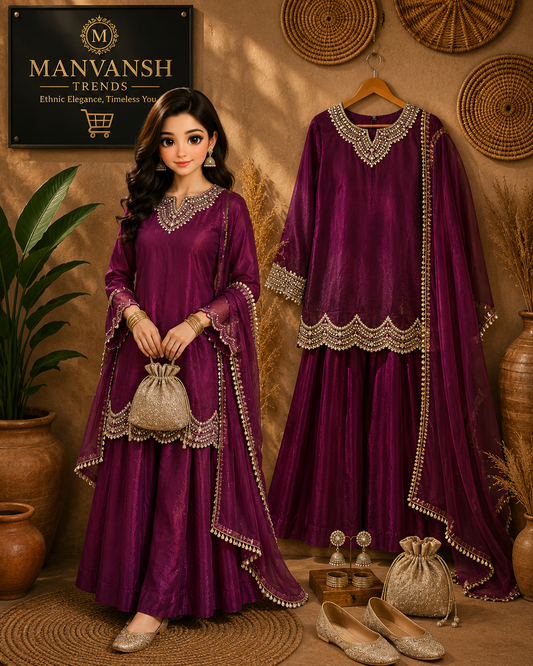 Wine Purple Designer Fendy Silk Sharara Suit with Mirror Work