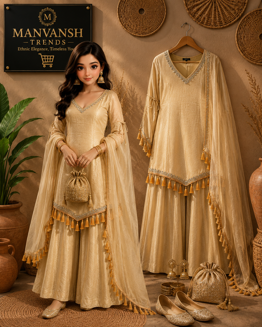 Champagne Gold Designer Kurti Set with Palazzo & Tassel Dupatta