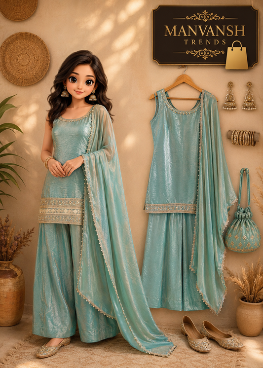 Sky Blue Crush Sharara Suit with Mirror Work & Lace Border Dupatta