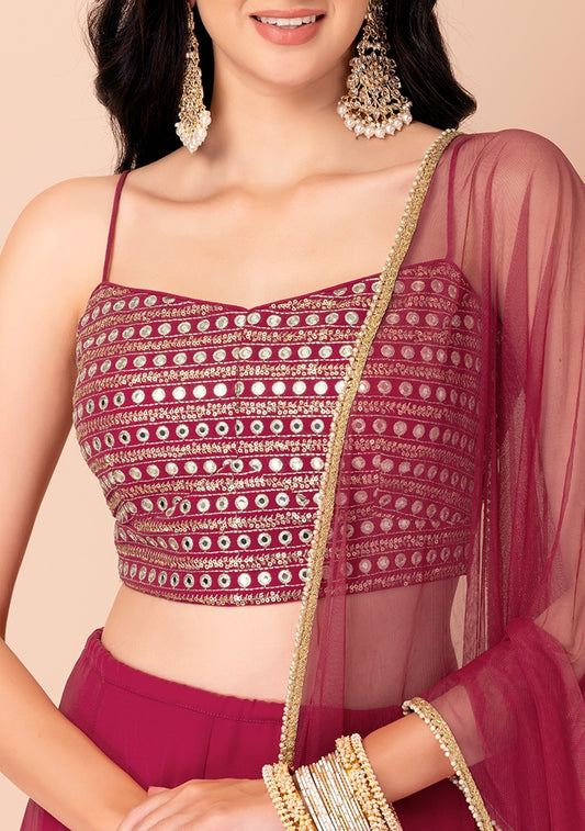 Magenta Ruffle Lehenga with Mirror Work Blouse & Net Dupatta