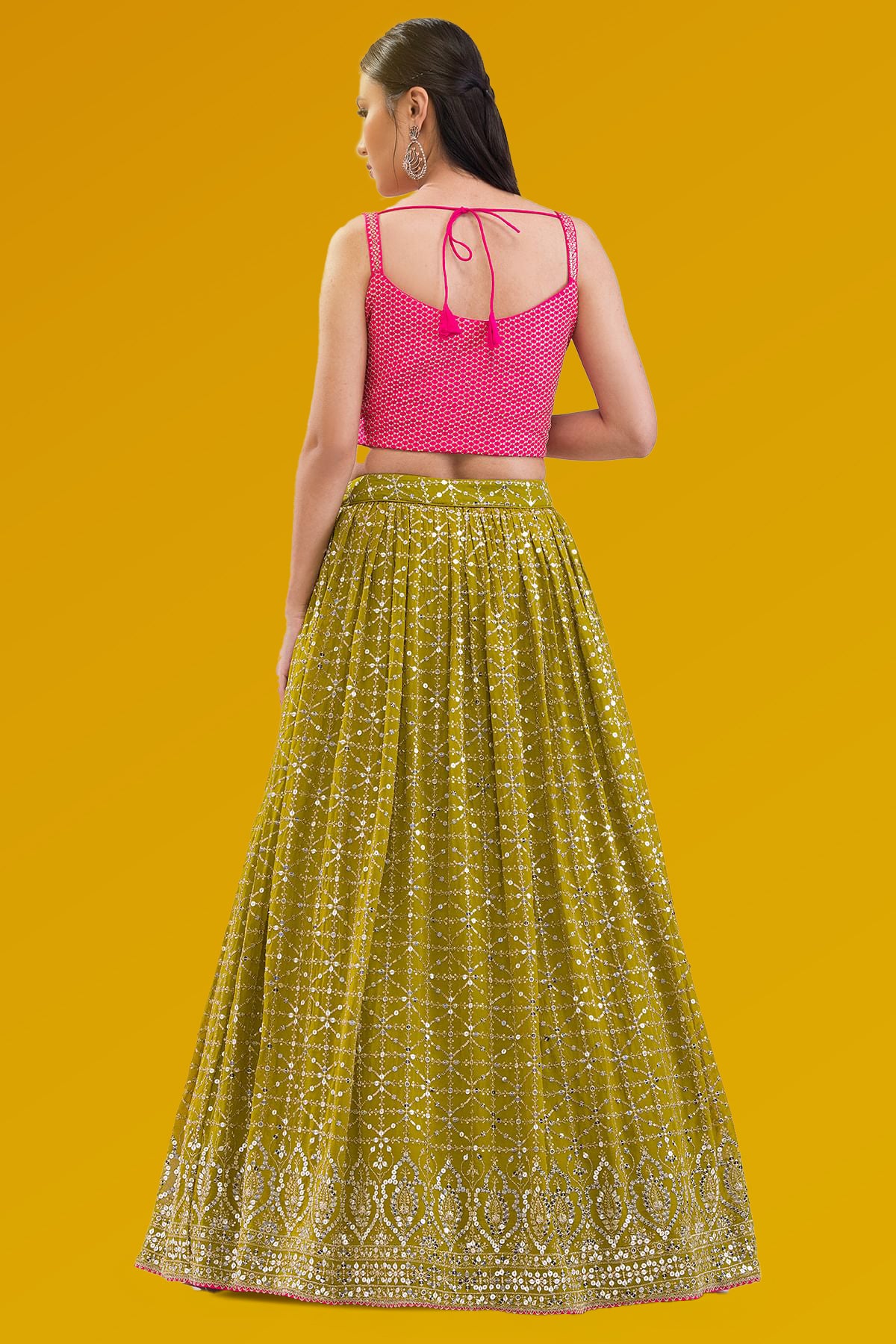 Olive Sequins Georgette Haldi Wear Lehenga Choli