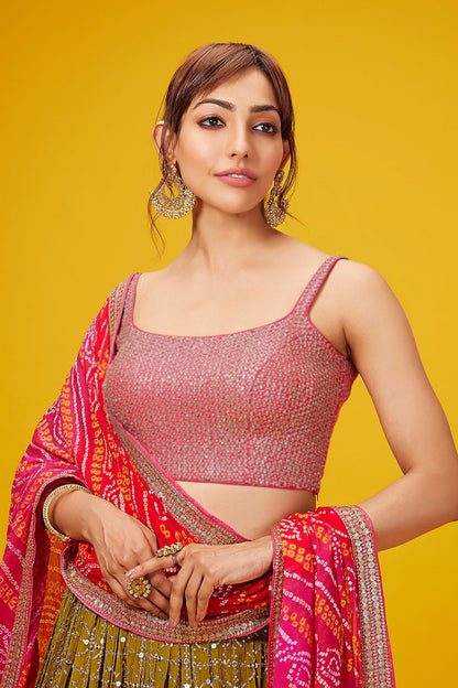 Olive Sequins Georgette Haldi Wear Lehenga Choli
