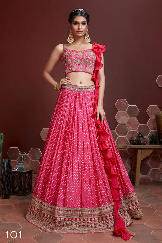 Hot Pink Ruffle Lehenga Set with Embroidered Blouse