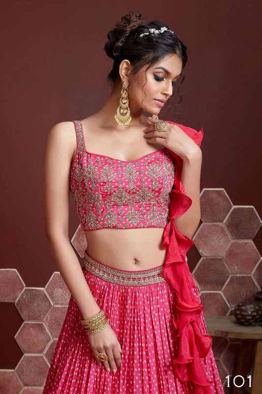 Hot Pink Ruffle Lehenga Set with Embroidered Blouse