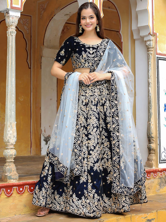 Bridal & Party Wear Designer Navy Blue Embroidered Velvet Lehenga Choli with Dupatta